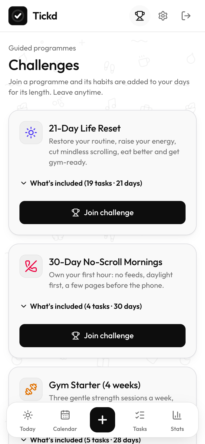 Challenges screen with the 21-Day Life Reset and 30-Day No-Scroll Mornings programmes