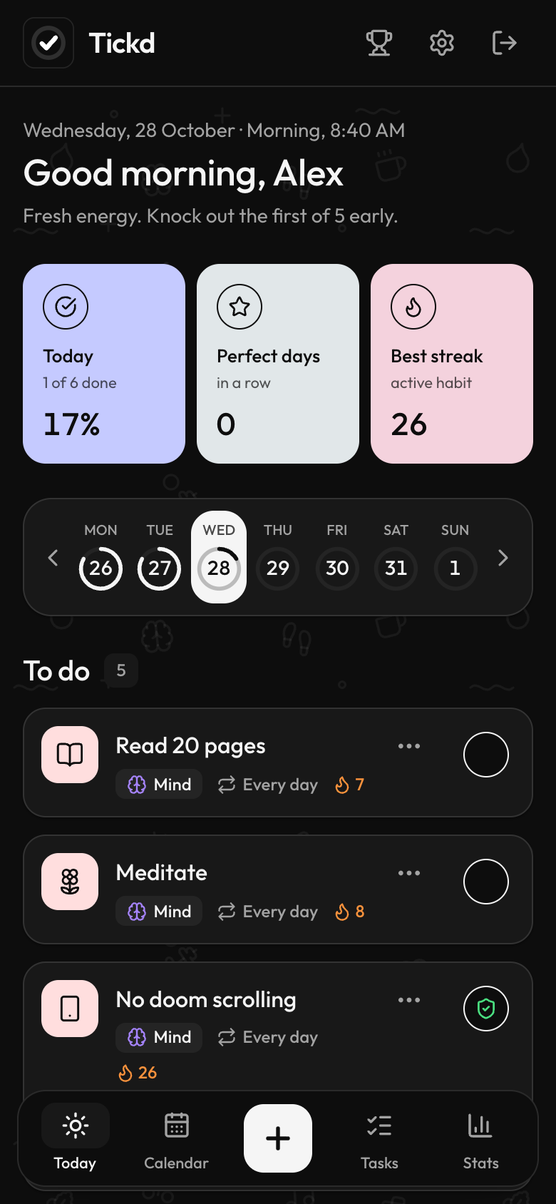 Tickd in dark mode on a phone