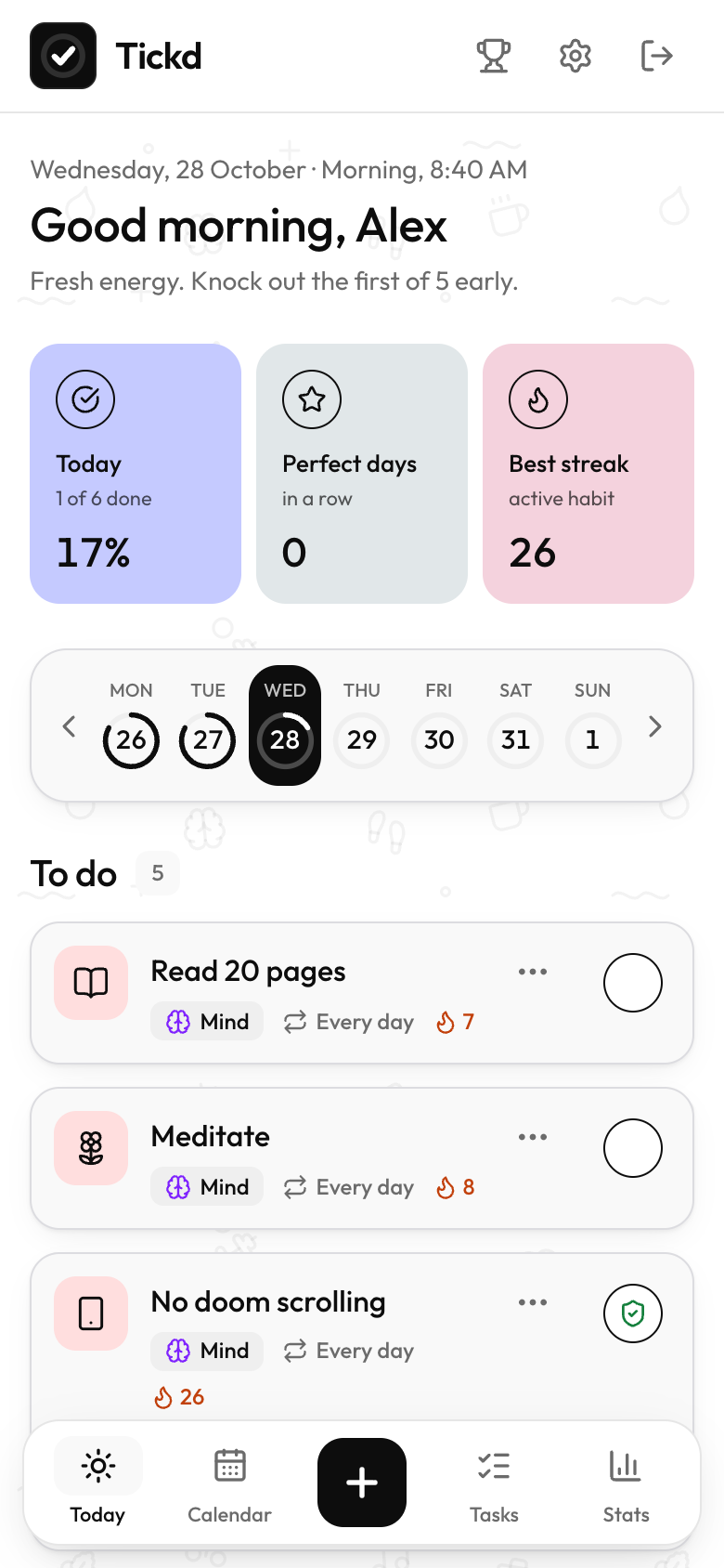Tickd's Today screen on a phone
